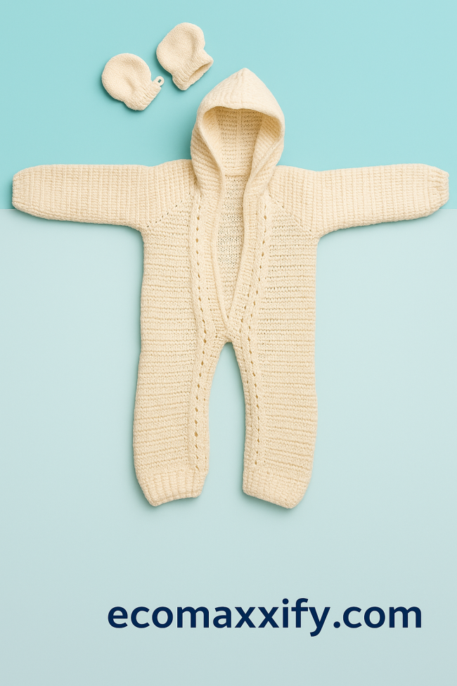 Cream Handmade Knitted Hooded Baby Romper & Mitten Set