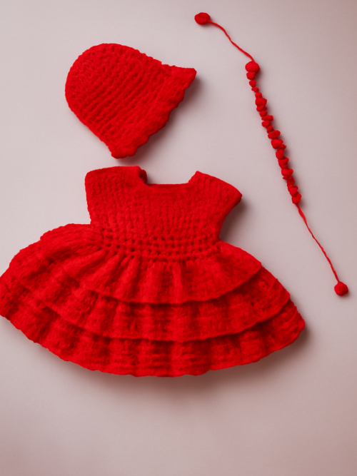 Festive Red Tiered Crochet Baby Dress, Hat & Headband Set