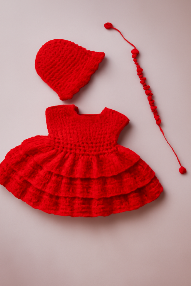 Festive Red Tiered Crochet Baby Dress, Hat & Headband Set