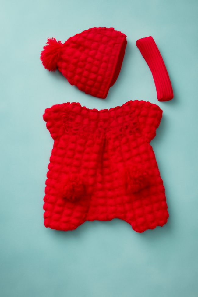 Adorable Red Bobble Stitch Baby Romper & Pom-Pom Hat Set