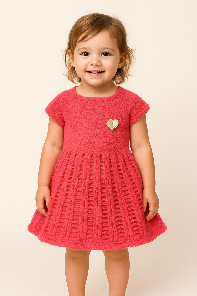 Coral Pink Hand-Knitted Baby Girl Dress - Image 2