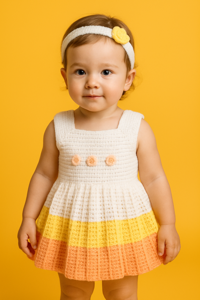 Handmade White-Yellow-Orange Crochet Baby Girl Dress with Headband - Image 2