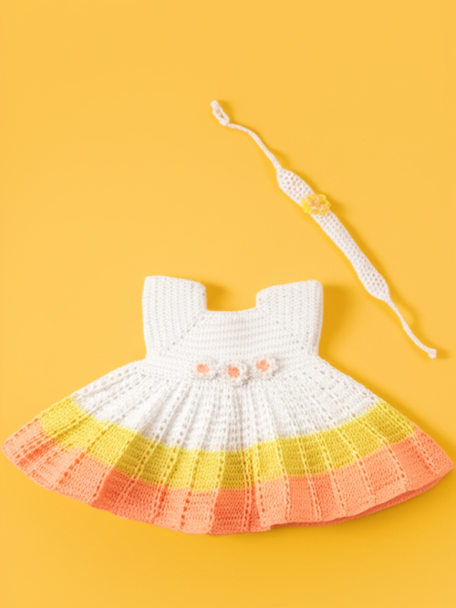 Handmade White-Yellow-Orange Crochet Baby Girl Dress with Headband