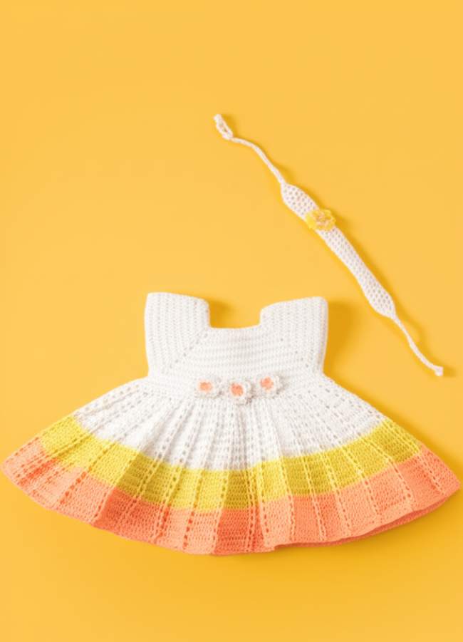 Handmade White-Yellow-Orange Crochet Baby Girl Dress with Headband