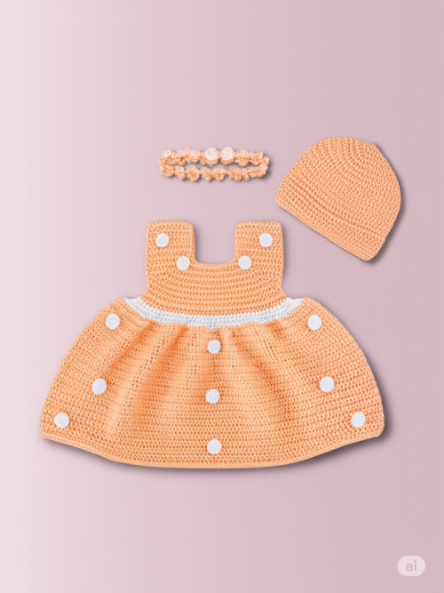 Adorable Hand-Knitted Baby Girl Dress Set – Ultra-Soft Peach Polka Outfit with Cap