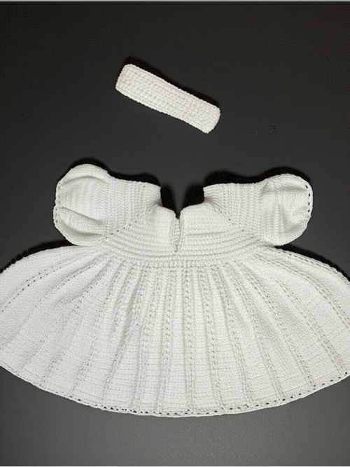 Elegant White Handmade Crochet Baby Dress with Puffed Sleeves