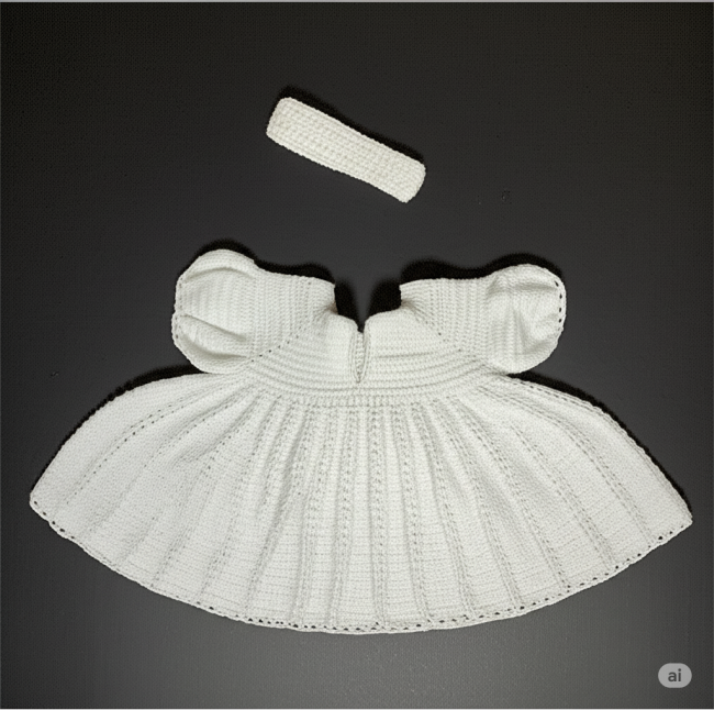Elegant White Handmade Crochet Baby Dress with Puffed Sleeves