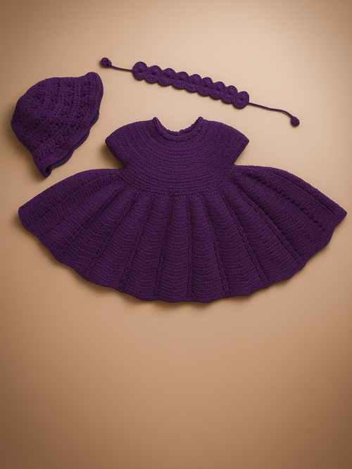 Purple Crochet Baby Dress, Hat & Headband Set