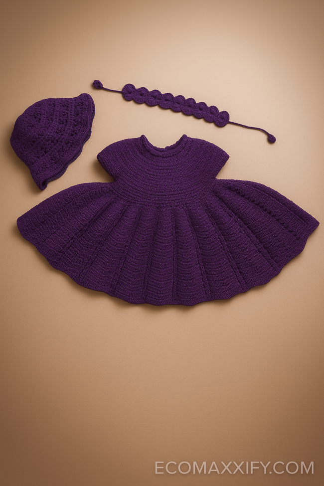 Purple Crochet Baby Dress, Hat & Headband Set